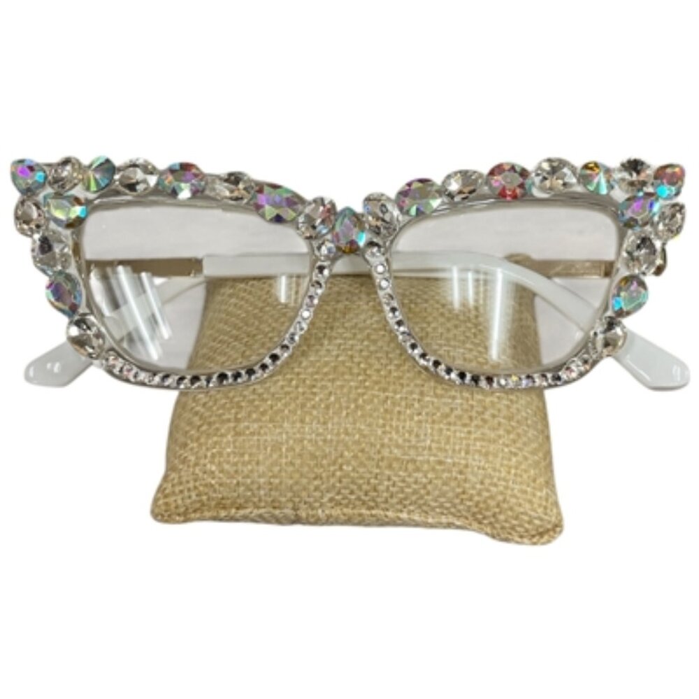 Women's Bling Cat Eye Readers Colorful Rhinestones AB Reading Glasses White+1.00 - Picture 2 of 10